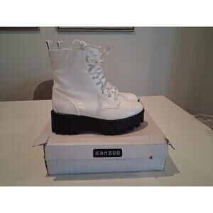 BAMBOO Staging-19 White Patent Faux Leather Platform Combat Boots Chunky Lug...